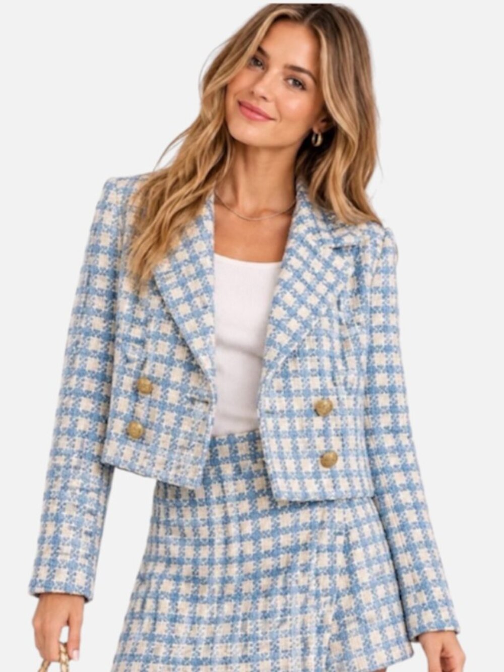 Jason Wu Tweed Double Breasted Crop Blazer in Blue